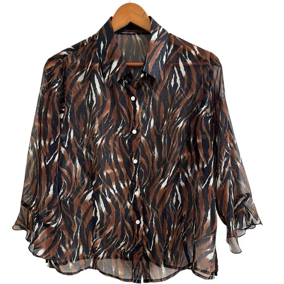 Vintage Sheer Animal Print Button Up Shirt M Ruffled Sleeve Grunge Festival Top - Picture 1 of 10